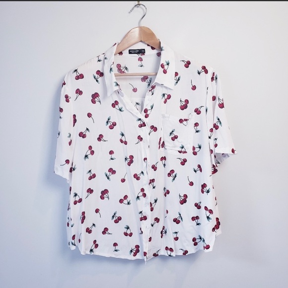 Shein White Cherry Print Short Sleeve Blouse Top - Picture 3 of 7